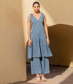 Geometric Print Kantha Blue Opal Shoulder And Back Tie Up Kurta With Short Pants