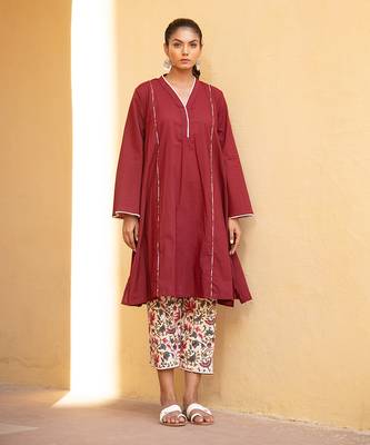 Bing Cherry Maroon V Neck Kurta In Bell Sleeves With Straight Pant 1