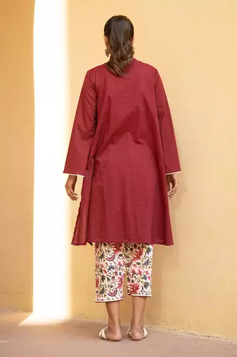 Bing Cherry Maroon V Neck Kurta In Bell Sleeves With Straight Pant