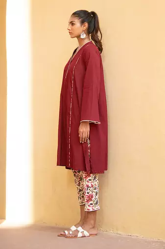 Bing Cherry Maroon V Neck Kurta In Bell Sleeves With Straight Pant