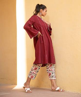 Bing Cherry Maroon V Neck Kurta In Bell Sleeves With Straight Pant 4