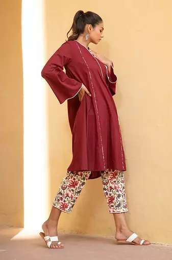 Bing Cherry Maroon V Neck Kurta In Bell Sleeves With Straight Pant