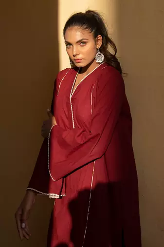 Bing Cherry Maroon V Neck Kurta In Bell Sleeves With Straight Pant