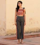 Burnt Orange Ajrakh Top With Black Kantha Shoulder Tie Up Top And Pant