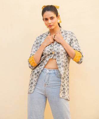 White Crop Shirt With Signal Yellow Cuff 1
