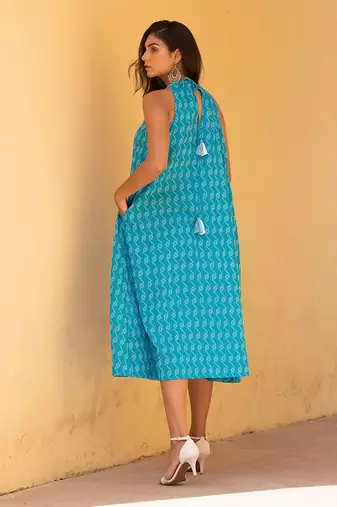 Scuba Blue Kantha  Halter Neck Dress