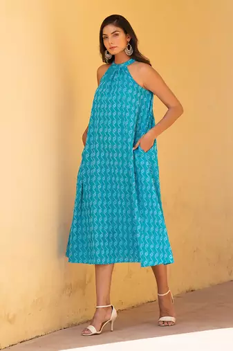 Scuba Blue Kantha  Halter Neck Dress