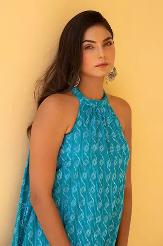 Scuba Blue Kantha  Halter Neck Dress