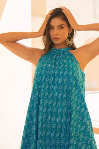 Scuba Blue Kantha  Halter Neck Dress