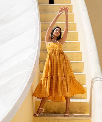 Signal Yellow Shoulder Tie Up Flared  Dress 1