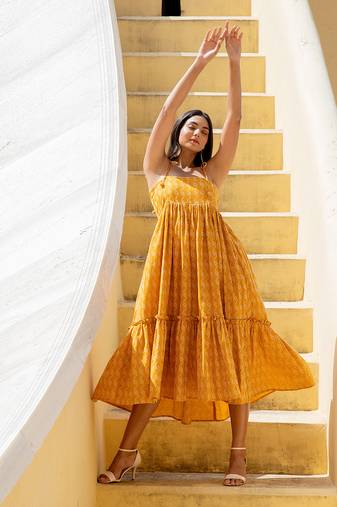 Signal Yellow Shoulder Tie Up Flared  Dress