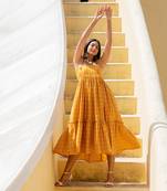 Signal Yellow Shoulder Tie Up Flared  Dress