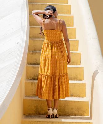 Signal Yellow Shoulder Tie Up Flared  Dress 2