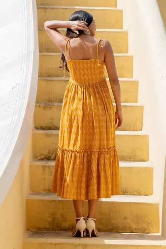 Signal Yellow Shoulder Tie Up Flared  Dress
