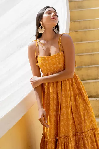 Signal Yellow Shoulder Tie Up Flared  Dress