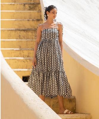 Polka Dot Shoulder Tie Up Flowy Dress 1