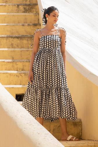 Polka Dot Shoulder Tie Up Flowy Dress