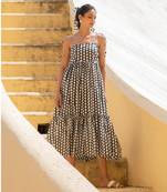 Polka Dot Shoulder Tie Up Flowy Dress