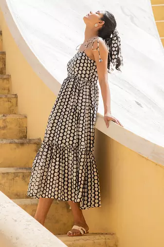 Polka Dot Shoulder Tie Up Flowy Dress