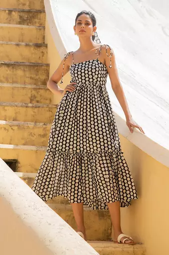 Polka Dot Shoulder Tie Up Flowy Dress