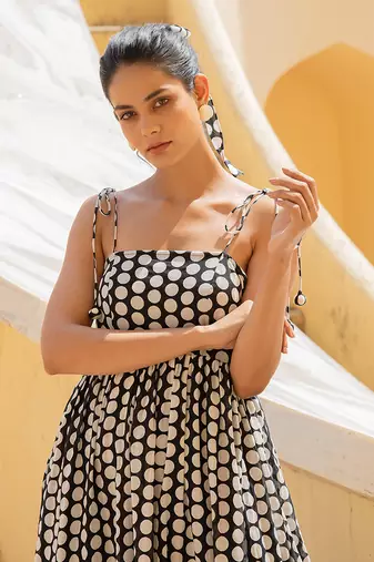 Polka Dot Shoulder Tie Up Flowy Dress