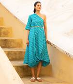 Scuba Blue One Shoulder Cowl Kaftan  Paired With A Signal Yellow Braided Belt