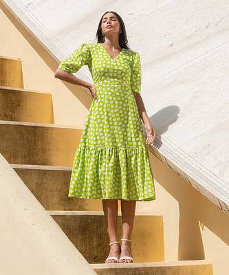 Lime Green Polka Shoulder Gathered Sleeve Dress 1