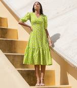 Lime Green Polka Shoulder Gathered Sleeve Dress
