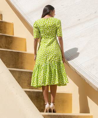 Lime Green Polka Shoulder Gathered Sleeve Dress 2