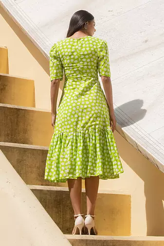 Lime Green Polka Shoulder Gathered Sleeve Dress