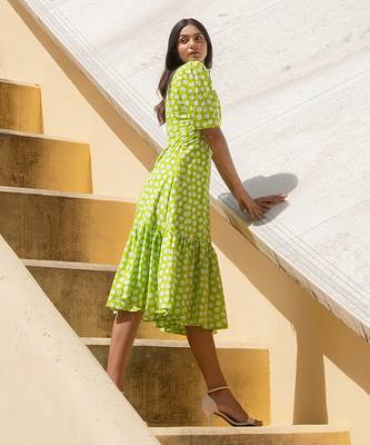 Lime Green Polka Shoulder Gathered Sleeve Dress 3
