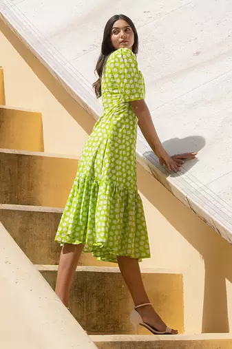 Lime Green Polka Shoulder Gathered Sleeve Dress