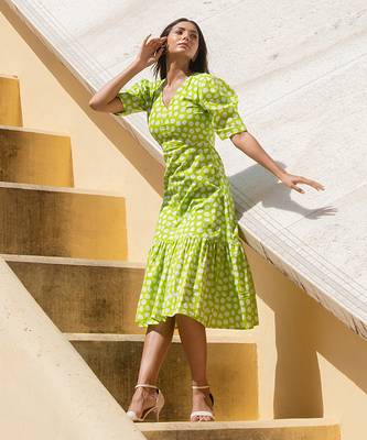 Lime Green Polka Shoulder Gathered Sleeve Dress 4