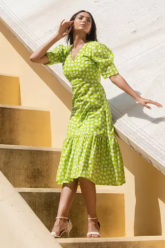 Lime Green Polka Shoulder Gathered Sleeve Dress