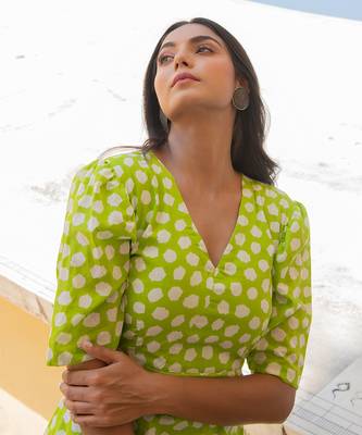 Lime Green Polka Shoulder Gathered Sleeve Dress 5