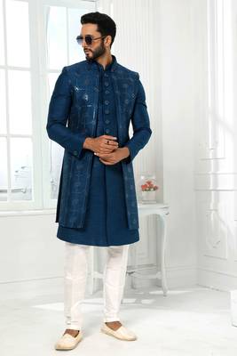 Blue embroidered art dupion silk sherwani 1