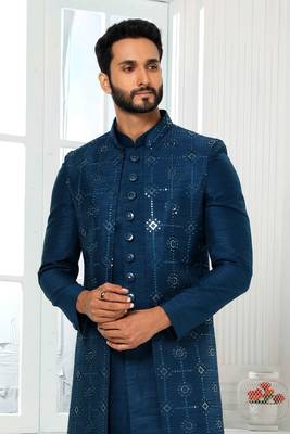 Blue embroidered art dupion silk sherwani 2