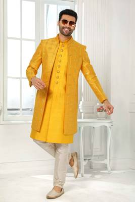 Yellow embroidered art dupion silk sherwani 1