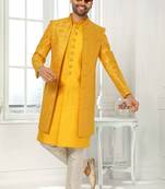 Yellow embroidered art dupion silk sherwani
