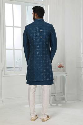 Blue embroidered art dupion silk sherwani 3