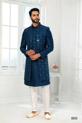 Blue embroidered art dupion silk sherwani 4