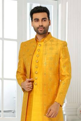 Yellow embroidered art dupion silk sherwani 2