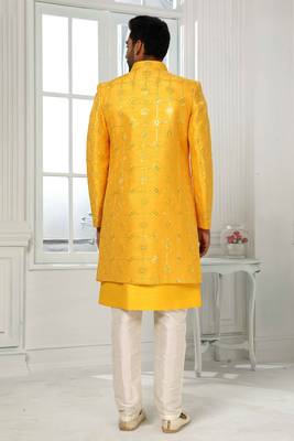 Yellow embroidered art dupion silk sherwani 3