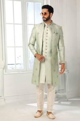 Green embroidered art dupion silk sherwani 1