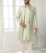 Green embroidered art dupion silk sherwani