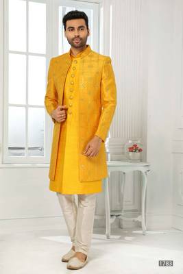 Yellow embroidered art dupion silk sherwani 4