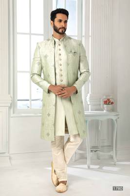 Green embroidered art dupion silk sherwani 4
