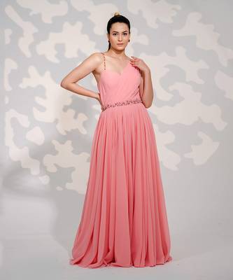 Pink One Shoulder Drape Georgette Gown 1