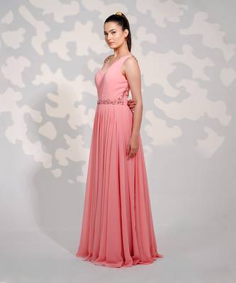 Pink One Shoulder Drape Georgette Gown 3