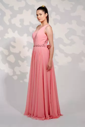 Pink One Shoulder Drape Georgette Gown